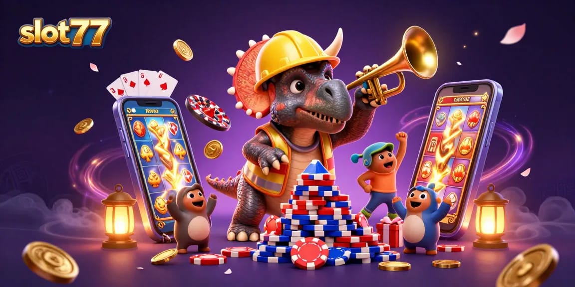 Slot777 memberi pengalaman bermain yang seru dengan simbol mesin slot dan koin emas yang mengalir.