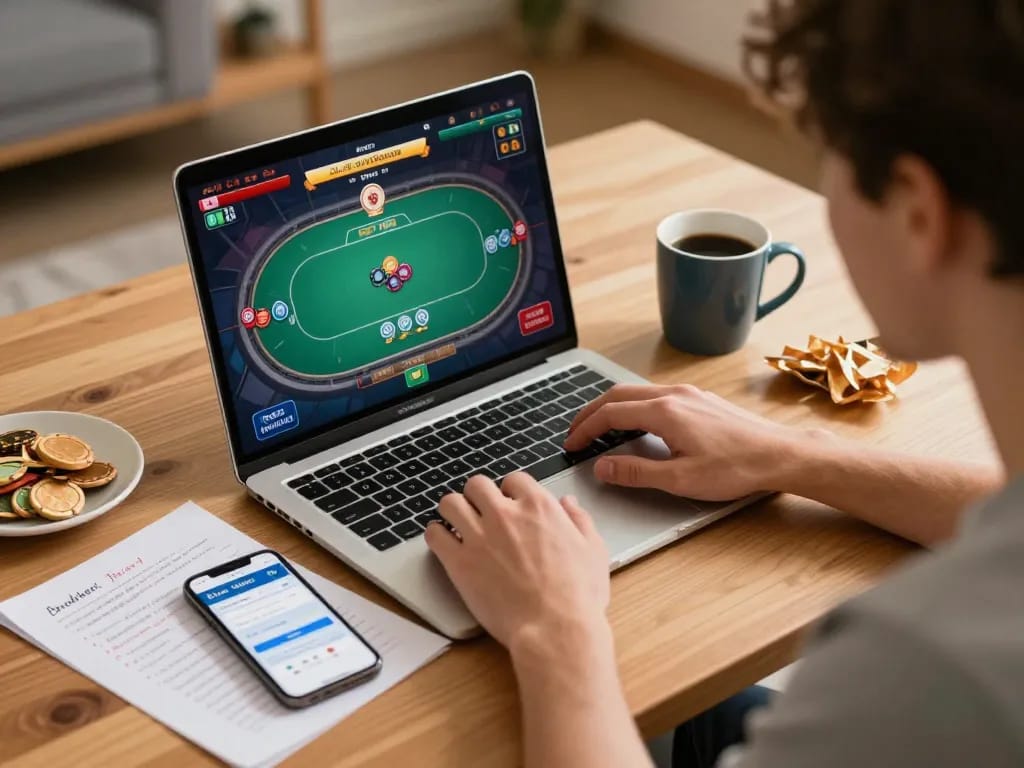 Pemain yang terlibat dalam strategi poker di aplikasi kasino empire99 di rumah dengan suasana elegan.