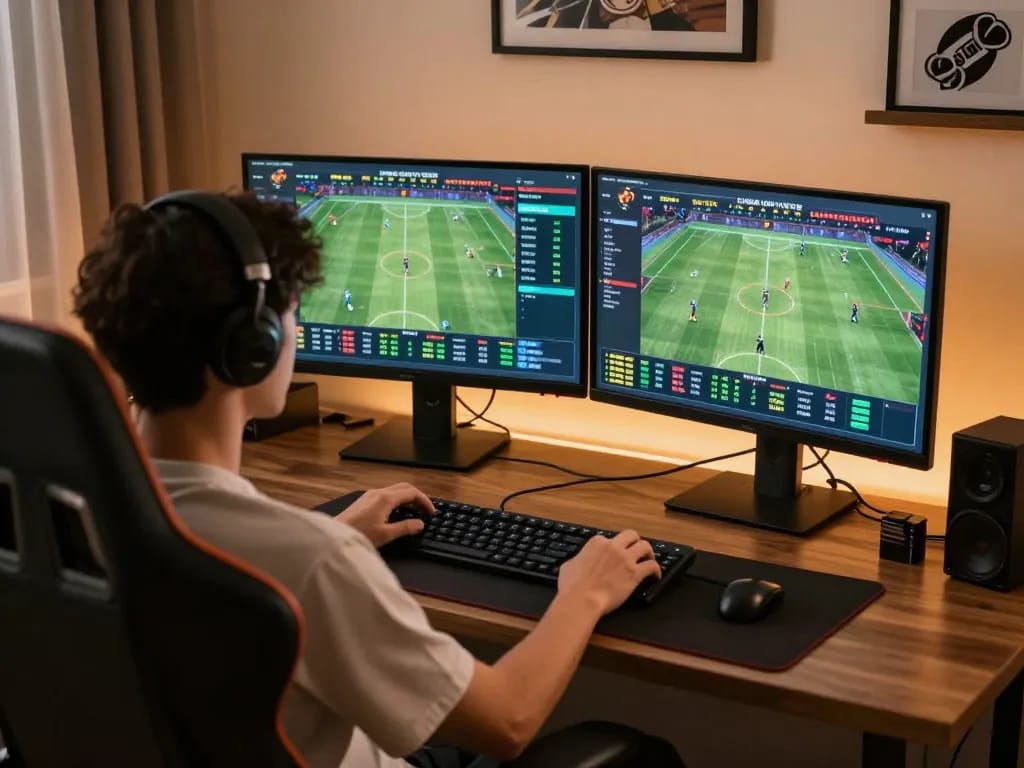 Engaging in sports betting with 888New app on dual monitors, showcasing live stats and odds.