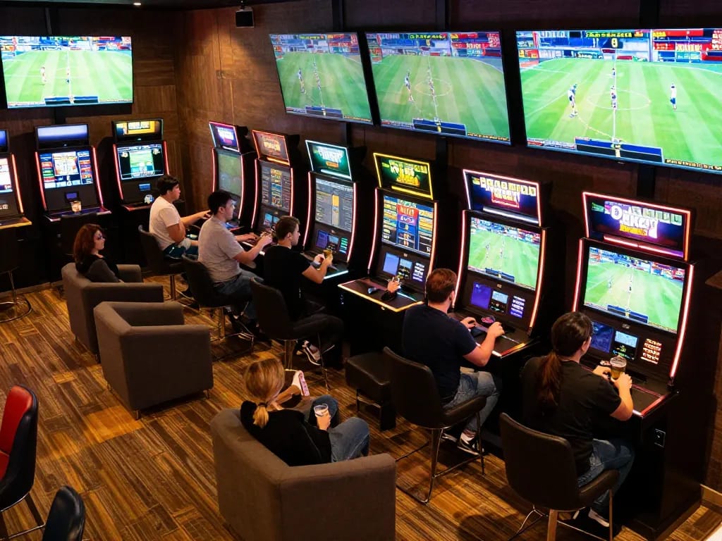 Engaged bettors strategizing at Nhà Cái OKFUN's vibrant sports betting lounge.