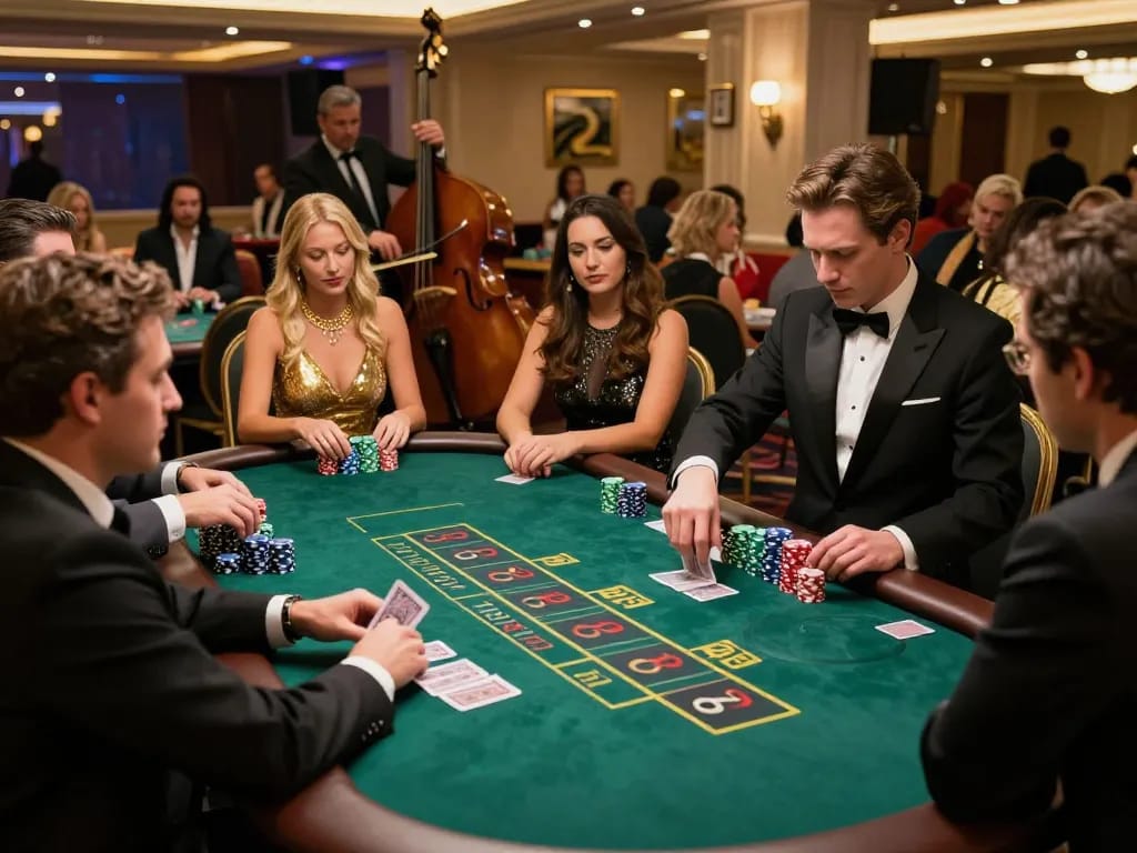 Engaged players strategizing at blackjack table in luxury casino setting with Q88 atmosphere.
