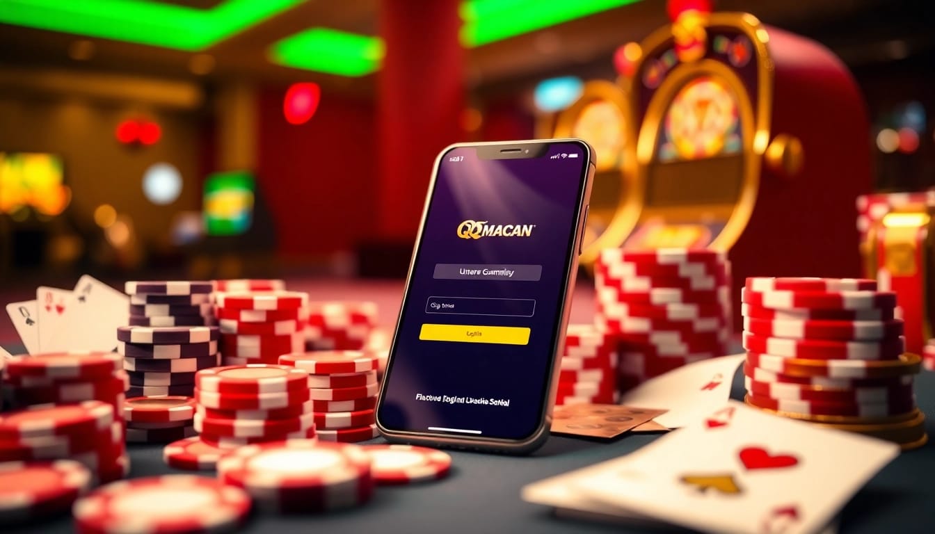 Engaging players with the QQMacan login screen amid a luxurious casino setup featuring poker chips and cards.