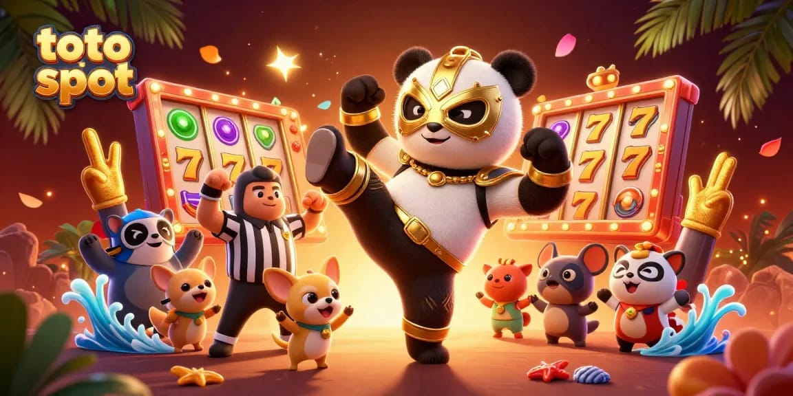 Toto slot gaming excitement with a flying panda wrestler and cheering animal spectators amidst vibrant slot game elements.