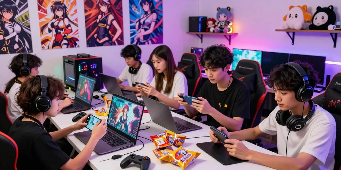 Group of friends enjoying hentai games in a vibrant gaming room with colorful decor and anime posters.