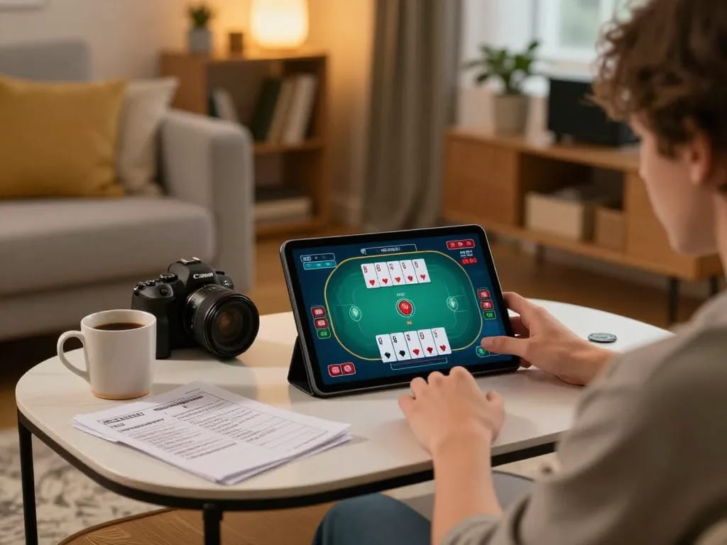 Player engaging in a thrilling poker game on Jun88 platform while seated in a cozy home setting