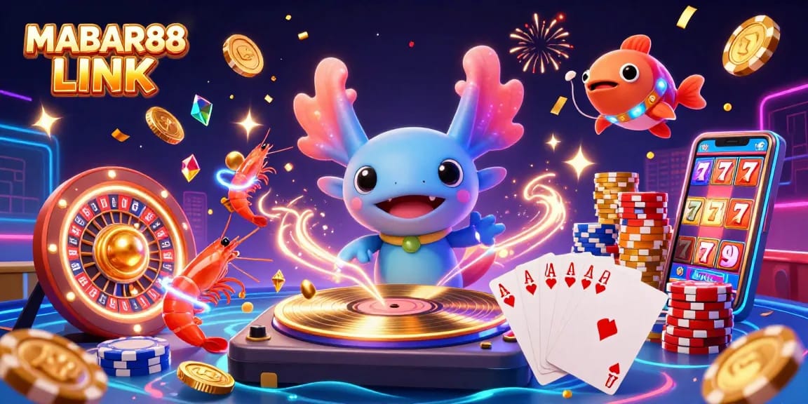MABAR88 LINK showcases a vibrant casino illustration with a neon axolotl DJ, spinning exciting winnings and lively casino elements.