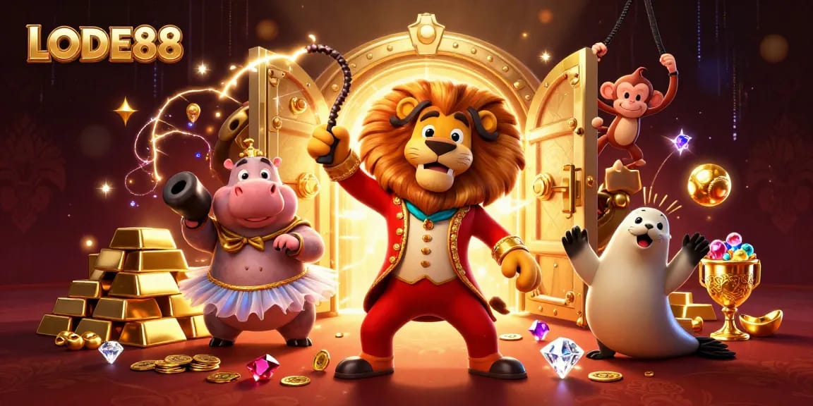 Experience LODE88's vibrant casino world with a captivating 3D circus scene full of treasures.