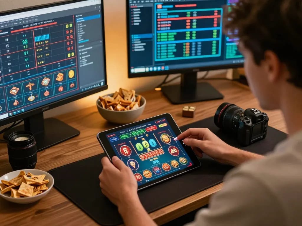 Engaging gameplay at casinos not on Gamstop, highlighting a person enjoying a tablet while studying strategies.