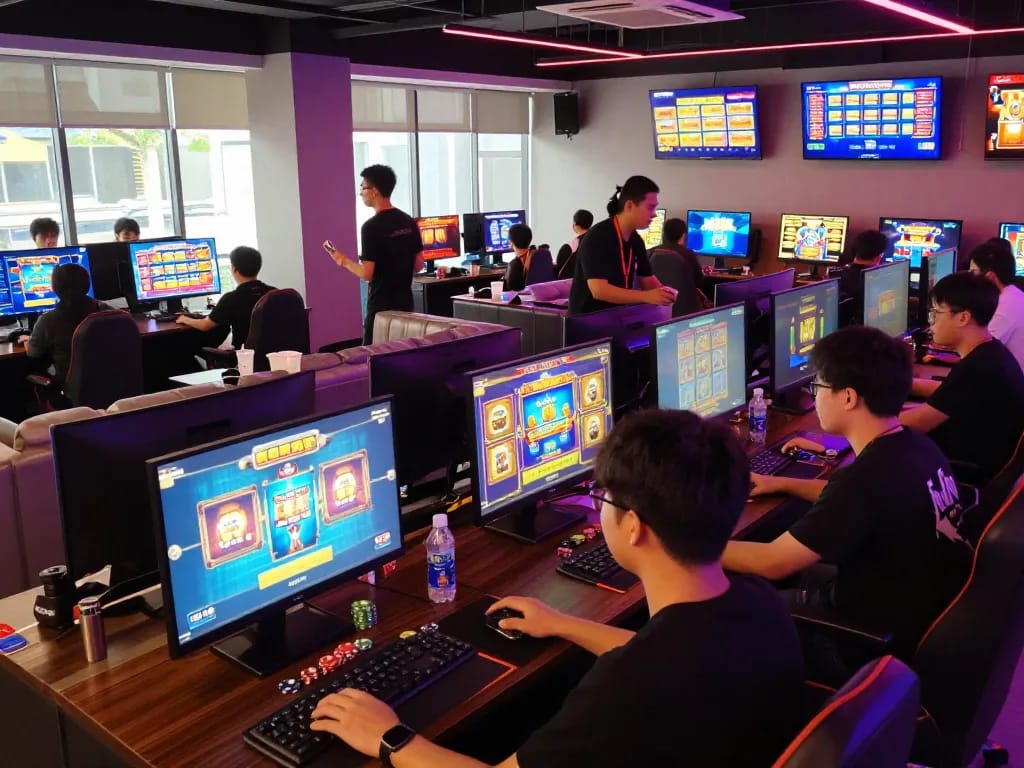 Players enjoying immersive slot gacor games in a vibrant gaming lounge filled with energy and excitement