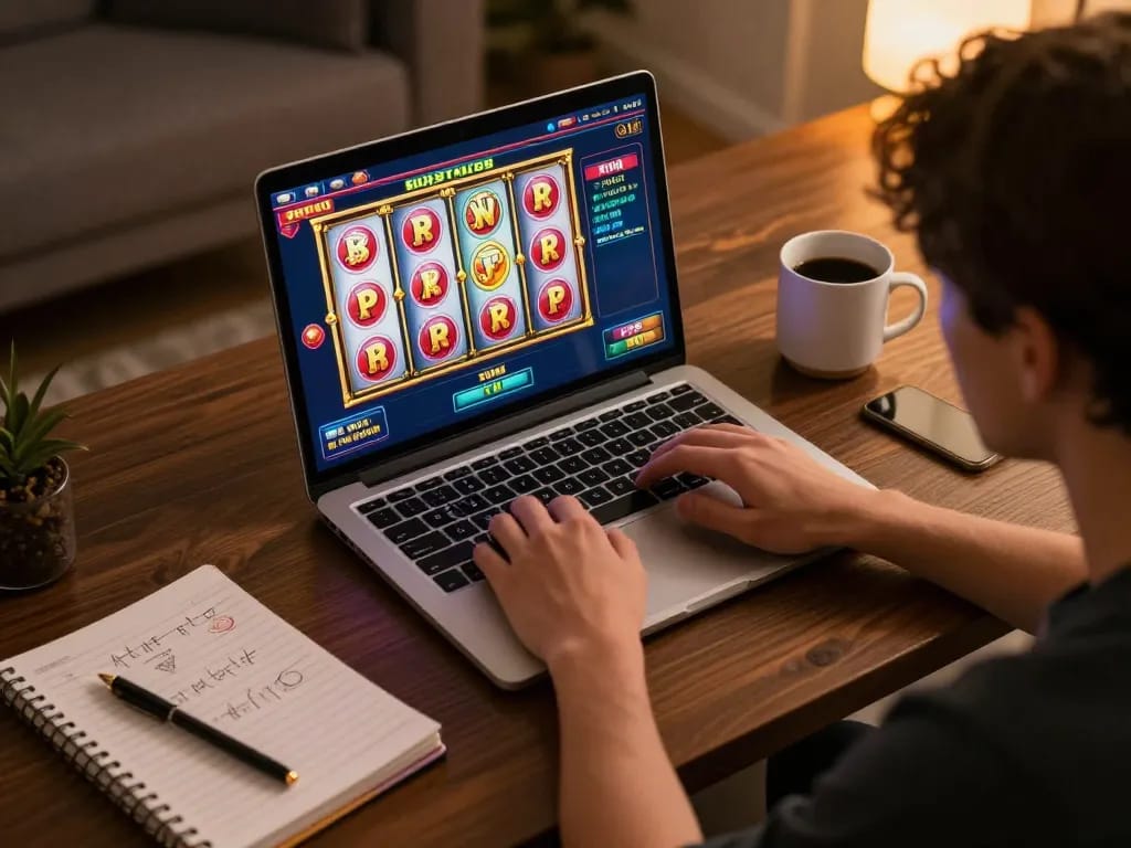 Engaging gamer spinning nổ hũ reels on laptop, showcasing online gaming excitement.