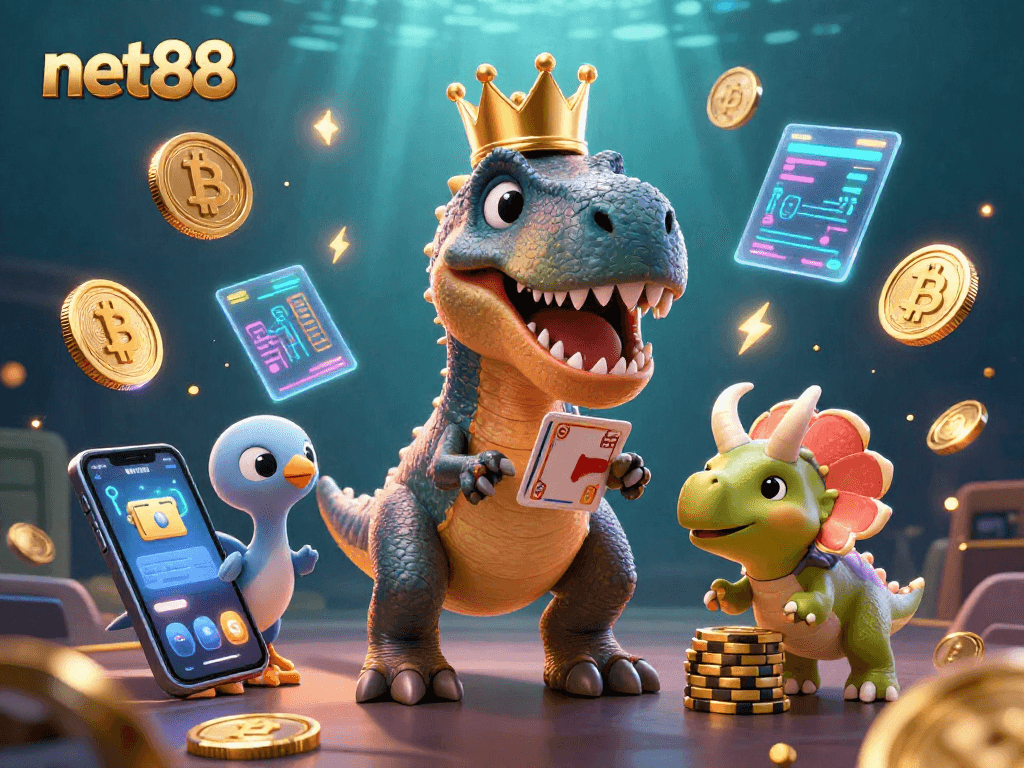 Join the fun at net88 with a vibrant casino scene featuring a T-Rex shuffling cards.