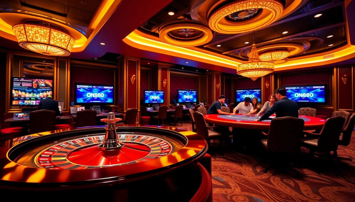 Playing at a vibrant casino scene representing the excitement on https://dn882.pro/ with roulette and poker tables.