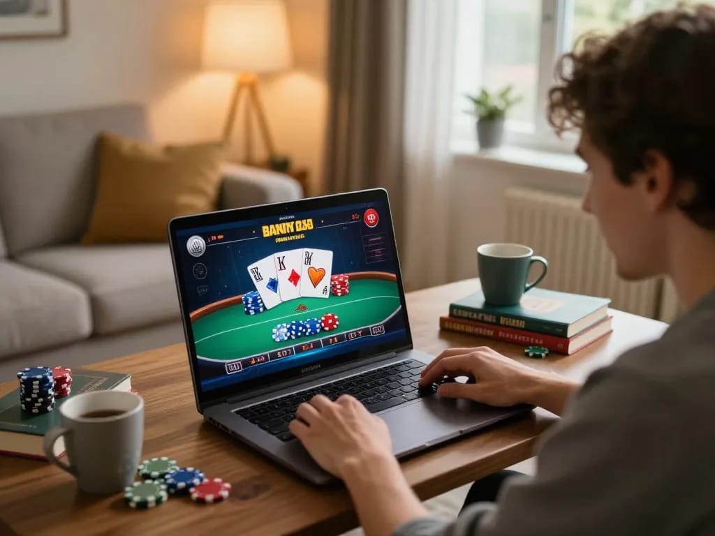 KONG88 player strategizing during online poker session on laptop in cozy living room
