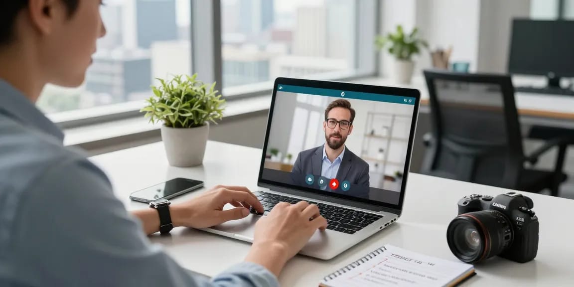 Application d'appels internationaux dans un bureau moderne avec un professionnel en visioconférence, équipements de communication visibles.