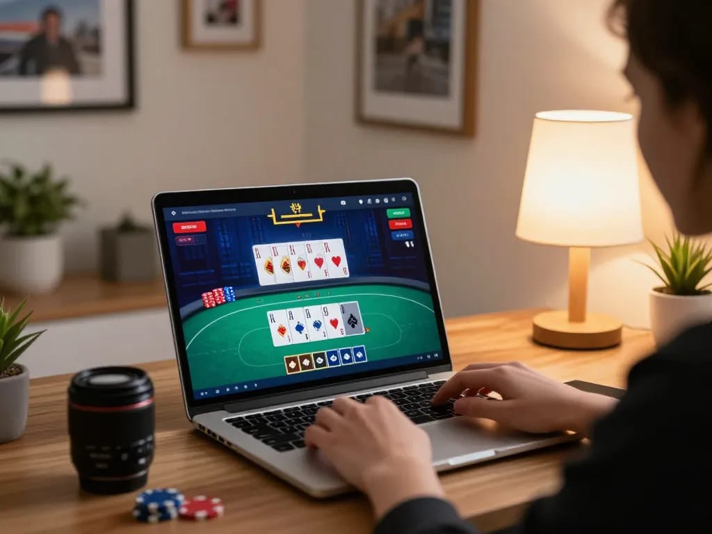 Engaging in strategic online poker gameplay at 789club in a cozy home setting