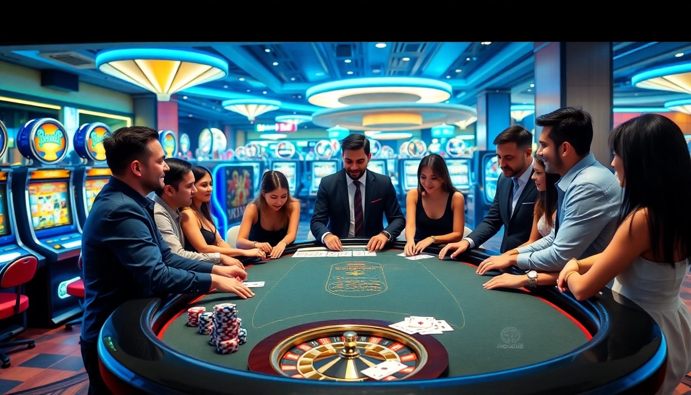 Experience excitement with bro138 login at a luxurious casino table surrounded by slot machines.