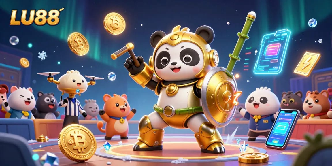 Experience thrilling gaming at LU88 with a dynamic scene of a golden panda robot and crypto elements.