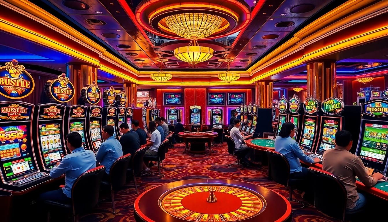 Players enjoying exciting slot machines at a luxurious casino, highlighting slot gacor terpercaya experiences.