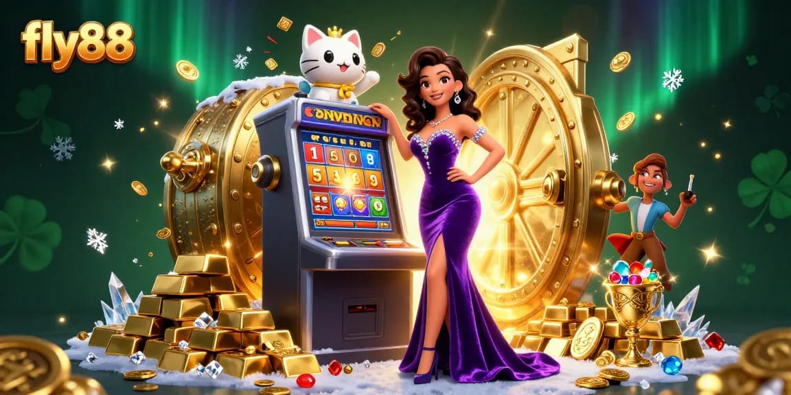 Spin to win big at fly88 with 3D illustration of a jackpot slot machine surrounded by golden treasures and whimsical fortune cat.