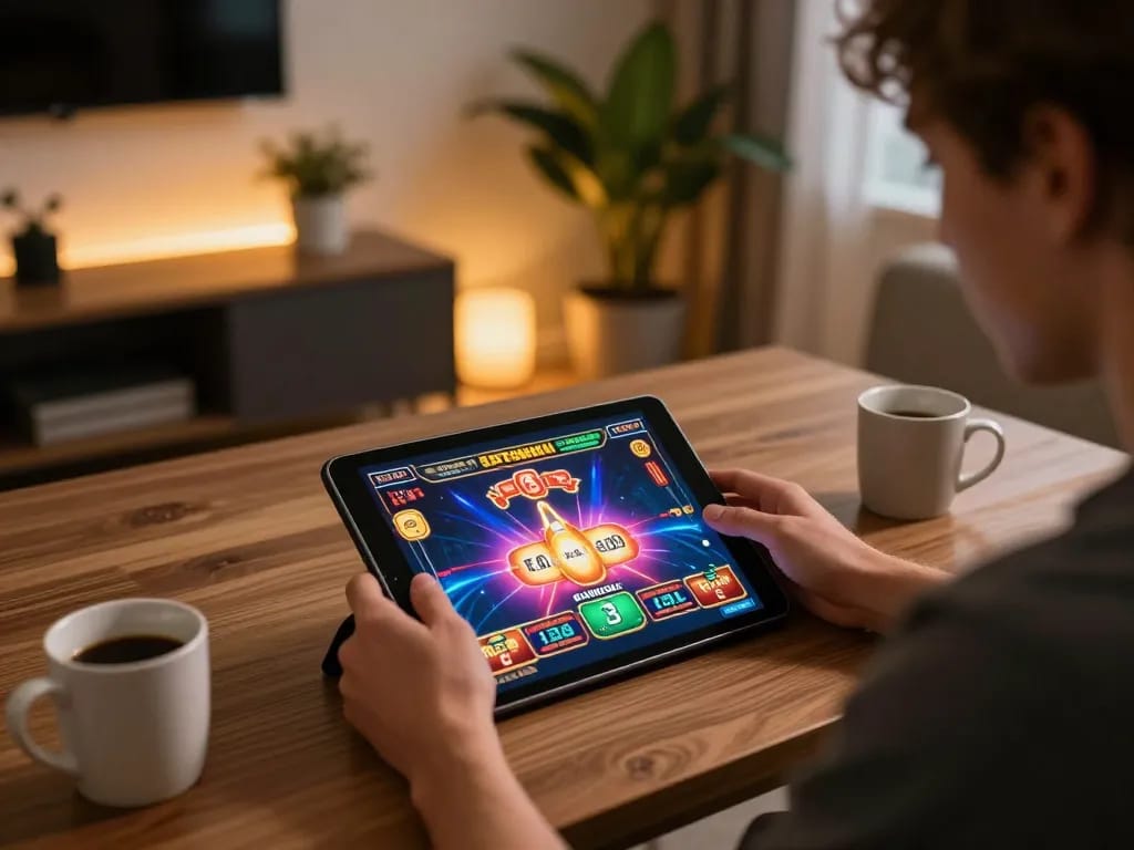 Engaging gameradar user studying strategies while playing online poker on a tablet.