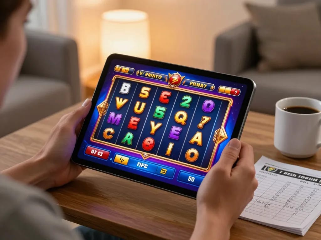 Pemain yang bersemangat terlibat dengan permainan slot online di tablet selama sesi bermain di rumah yang nyaman.