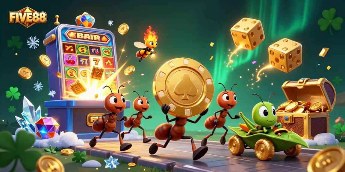 Join the FIVE88 adventure with a heist of golden poker chips, slot symbols, and celebratory effects!