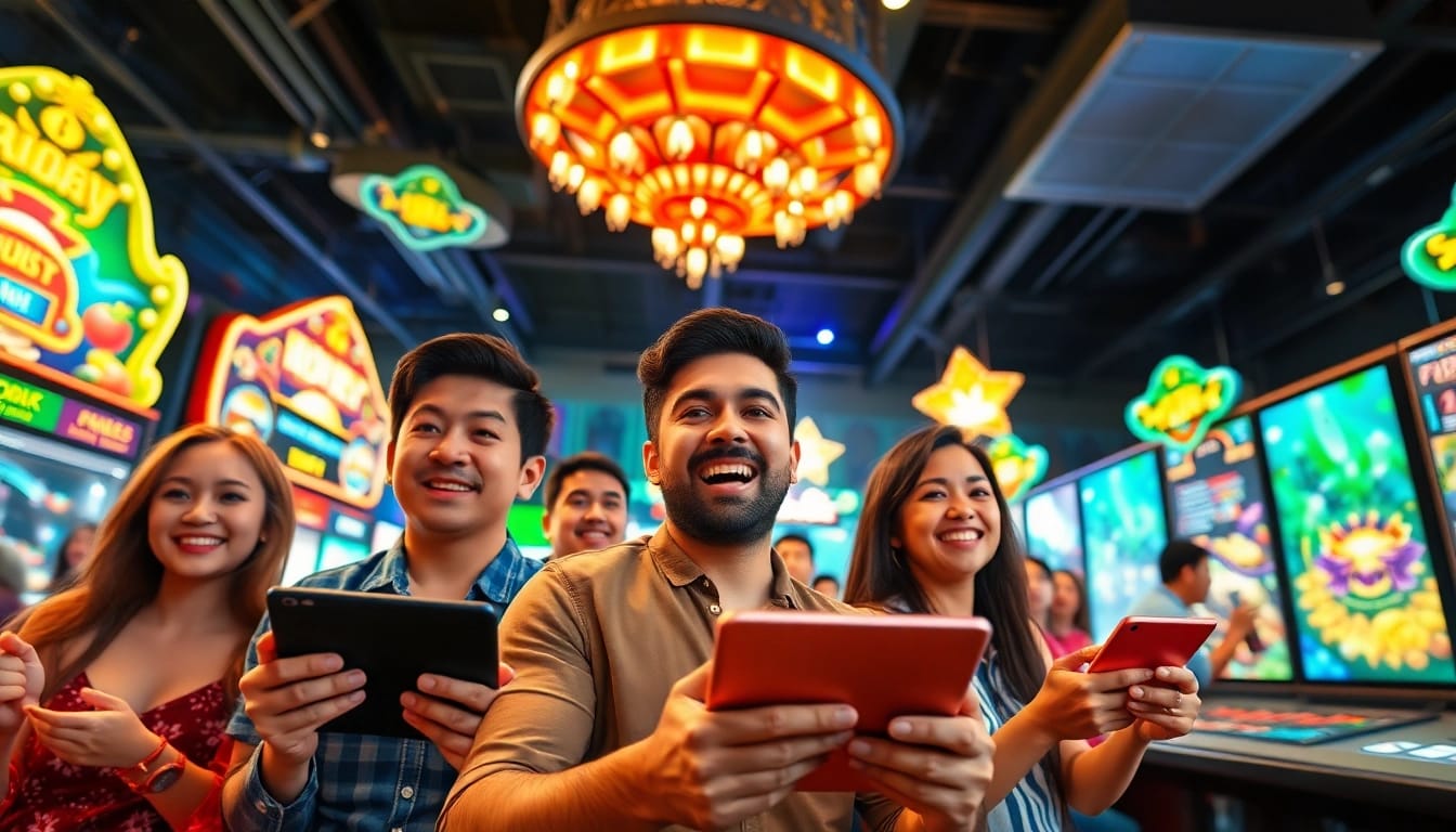 UU88 online gaming interface showcasing casino games and enthusiastic players in a vibrant setting.