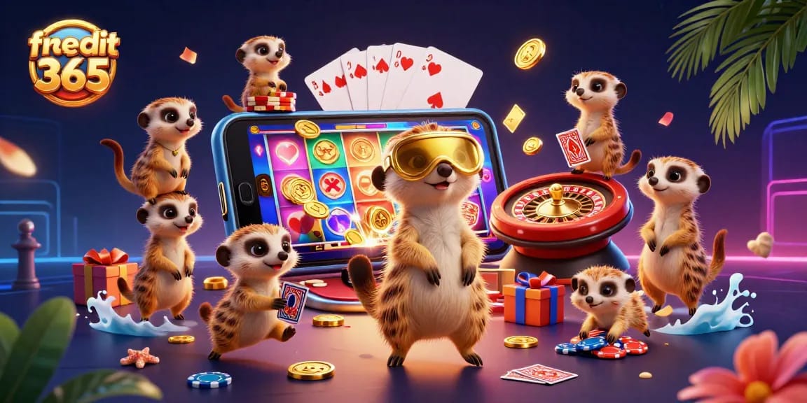 Play with free credit 365 and experience thrilling casino excitement with animated meerkats managing a colorful operation.