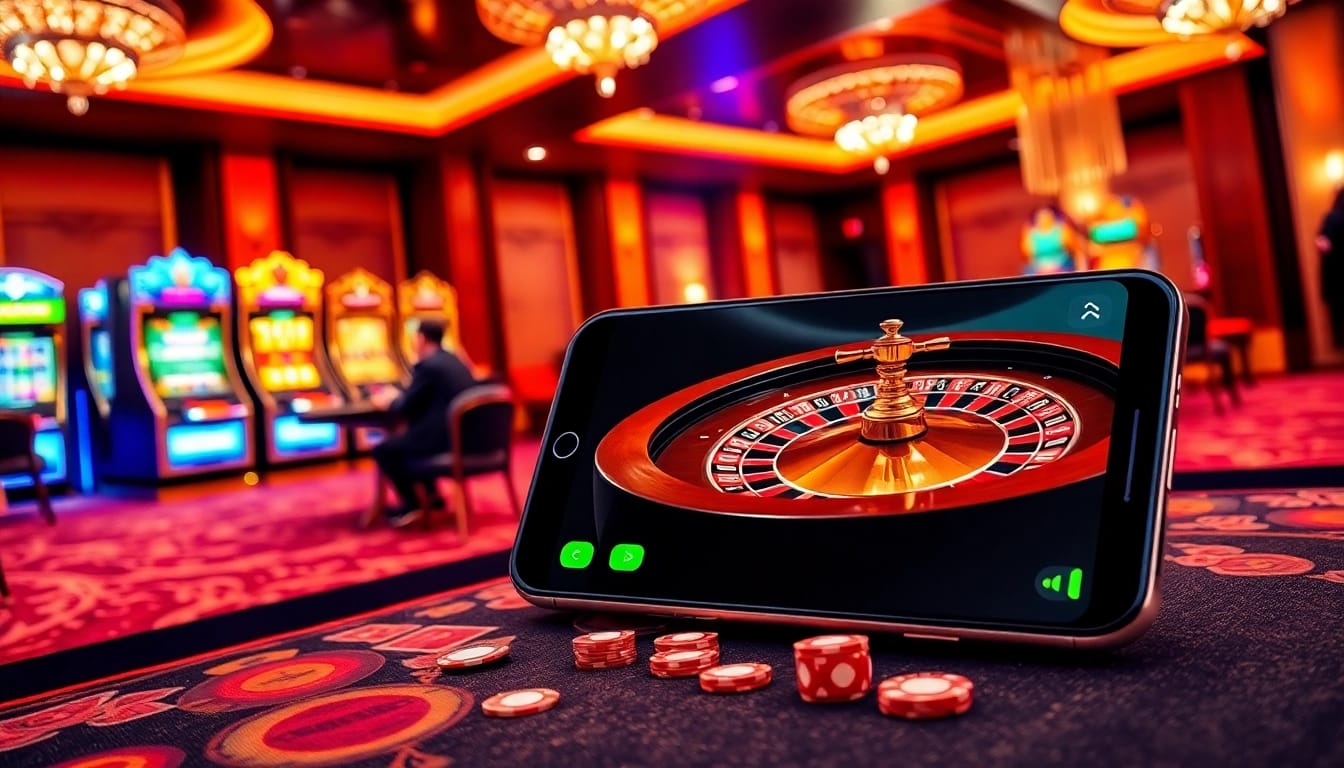 Tải App Nhà Cái 68VIP with a smartphone beside a luxurious casino table filled with poker chips and cards.
