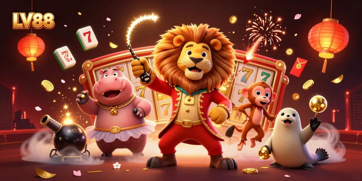 Immerse in the vibrant LV88 casino scene with 3D animated characters, lively slot machine elements, and festive decorations.
