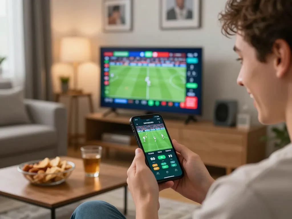 Placing live bets on aw8 sports app while watching football, modern home setting with vibrant graphics.