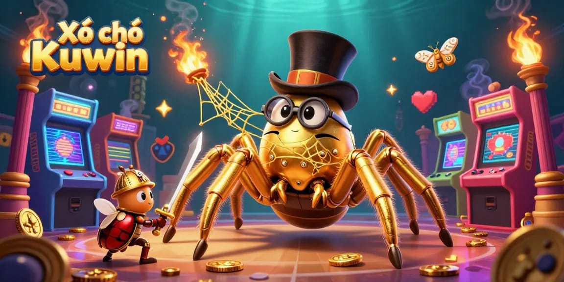 Experience Xổ số Kuwin with a giant golden tarantula spinning gold web between lively casino pillars.