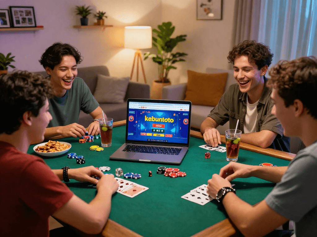 Friends enjoying a game night with kebuntoto online gaming site on laptop, snacks, and drinks.