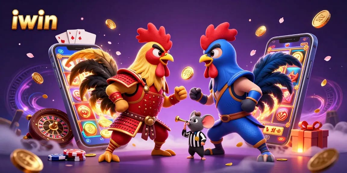 Engage with iwin's thrilling gameplay featuring samurai and ninja roosters in a dynamic 3D casino scene.