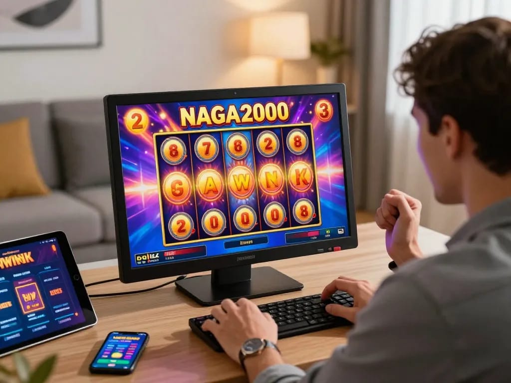 NAGA2000 SLOT gameplay showcasing player celebrating a big win in a vibrant online casino environment