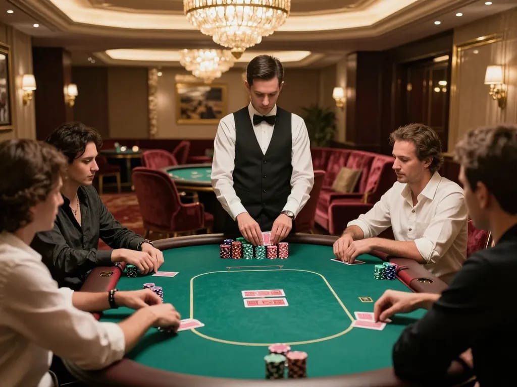 High-stakes poker action at VIPWIN with players engaged in gameplay and luxurious decor.