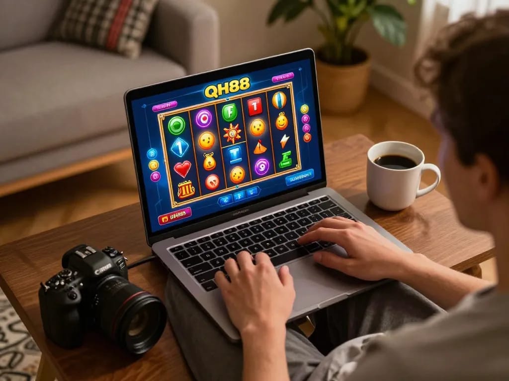 Engaging in Qh88 trang chủ online slot game from home, showcasing vibrant gameplay.