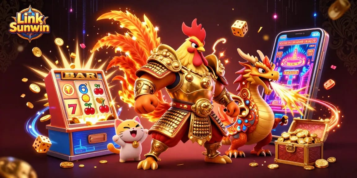 Experience the thrill with Link Sunwin's vibrant artwork featuring exciting casino game elements.