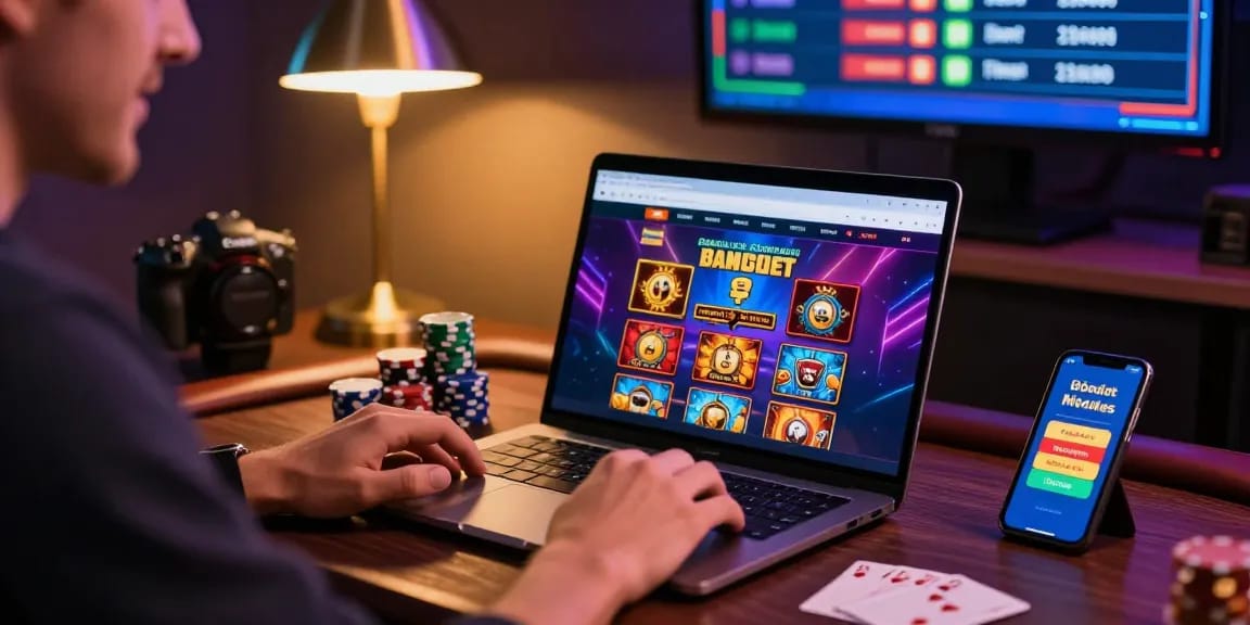 Exciting scene of a player at credit card casinos with games and bonuses displayed on a laptop.
