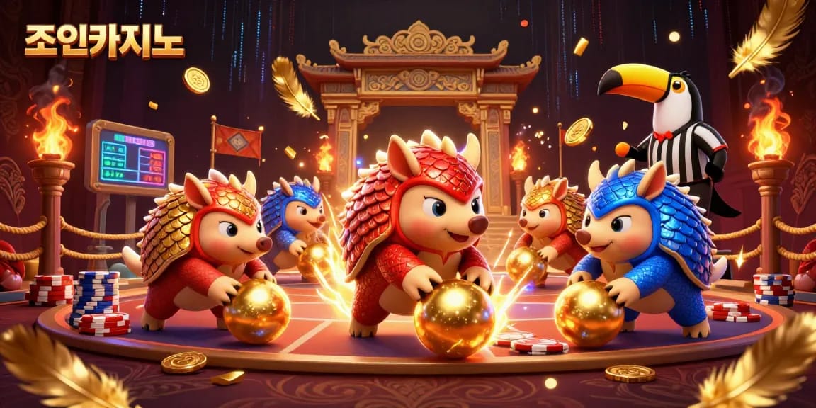 Experience the dynamic action of 조이카지노 with colorful pangolins in a vibrant casino setup.