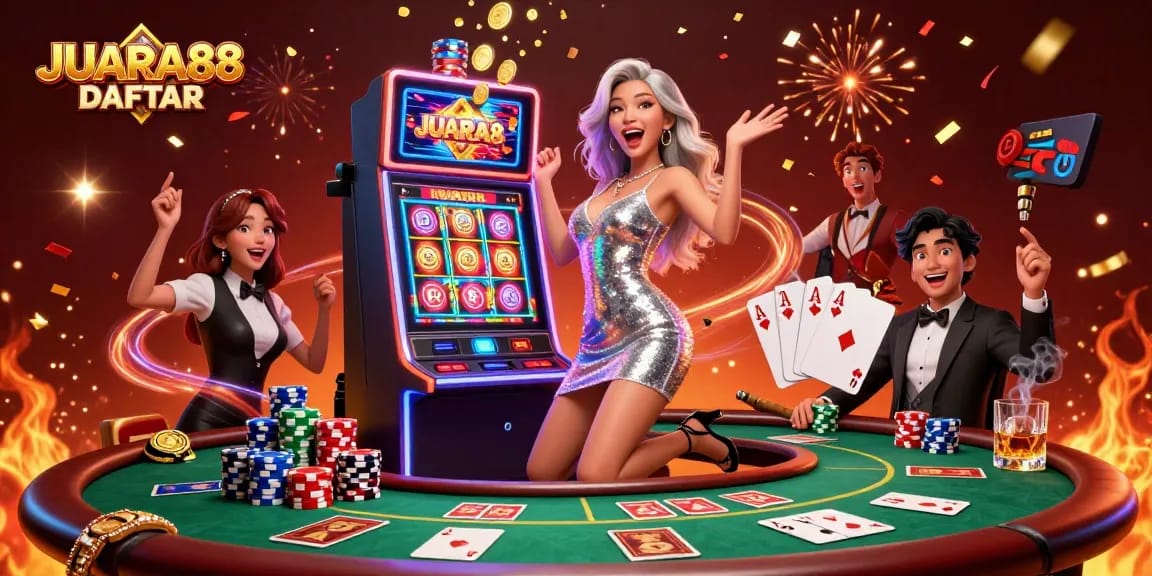 Celebrate big wins with JUARA88 DAFTAR at this exciting slot scene featuring a stunning gambler.