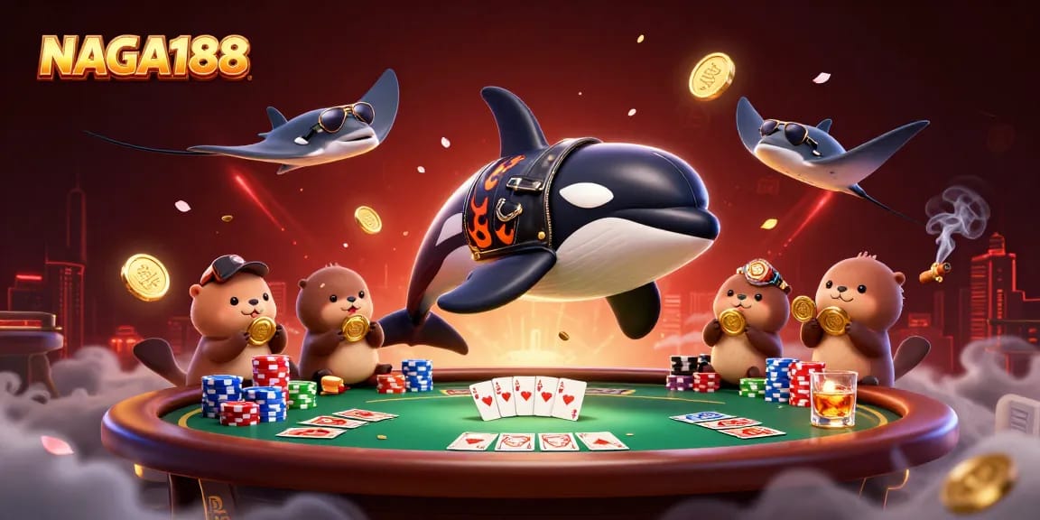 NAGA188 menampilkan visual menarik dengan ikan orca, pari, dan berang-berang laut yang menggenggam koin emas.