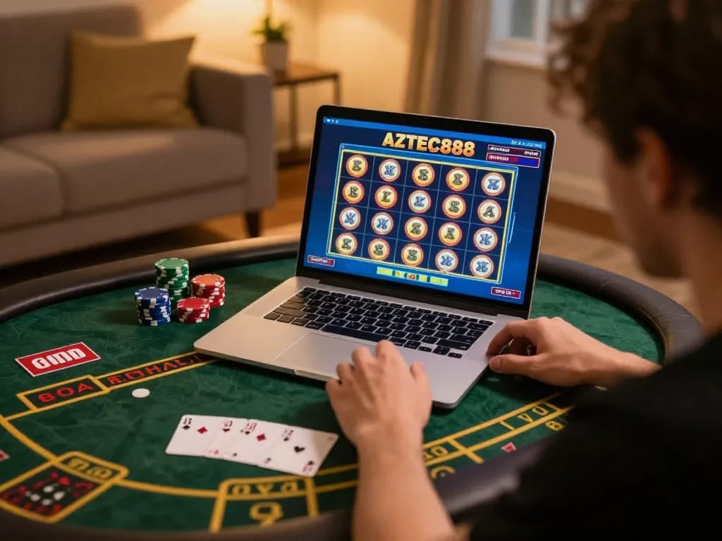 Engaged player using AZTEC888's online slot interface for strategic gambling.