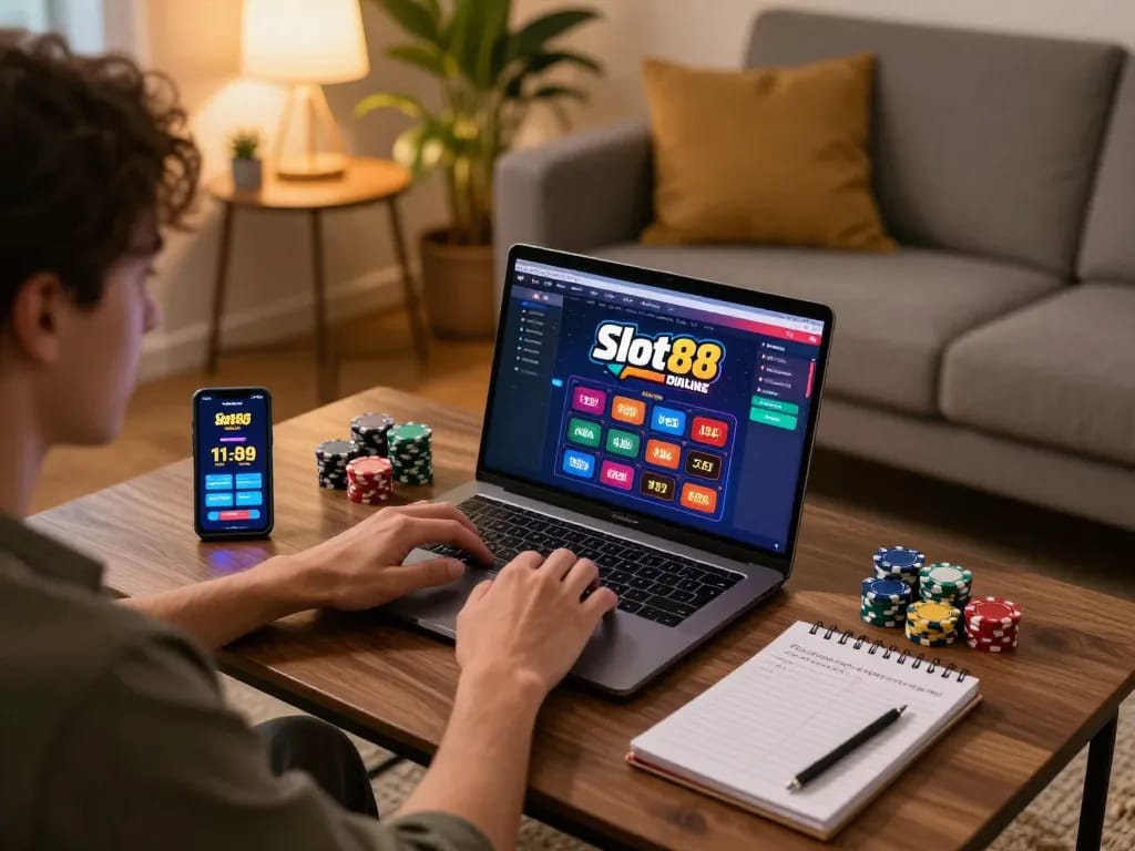 Engaging with Slot88 online casino on a laptop in a cozy home environment, highlighting strategic gaming.