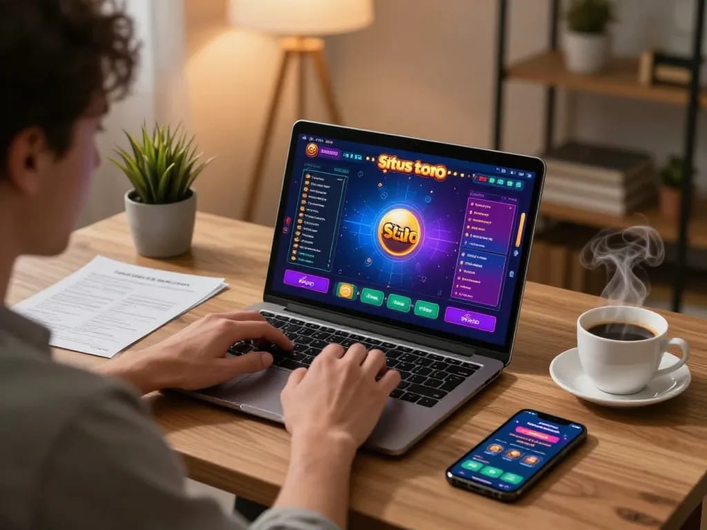 permainan situs toto di laptop dengan gameplay aktif dan catatan taruhan strategis di setting kantor rumah yang nyaman