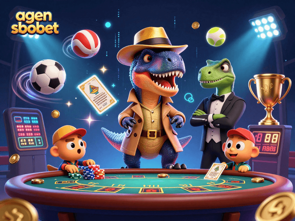 Agen sbobet players enjoying a thrilling experience at a vibrant blackjack table with lively characters.