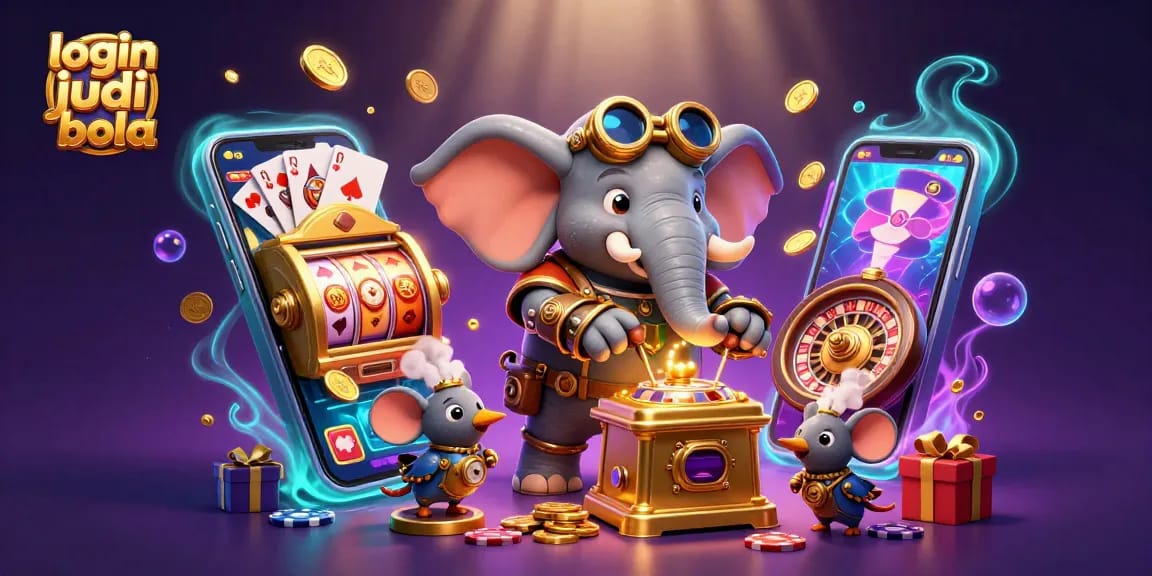 Engage in exciting gameplay with login judi bola as a steampunk elephant operates a dazzling golden slot machine.