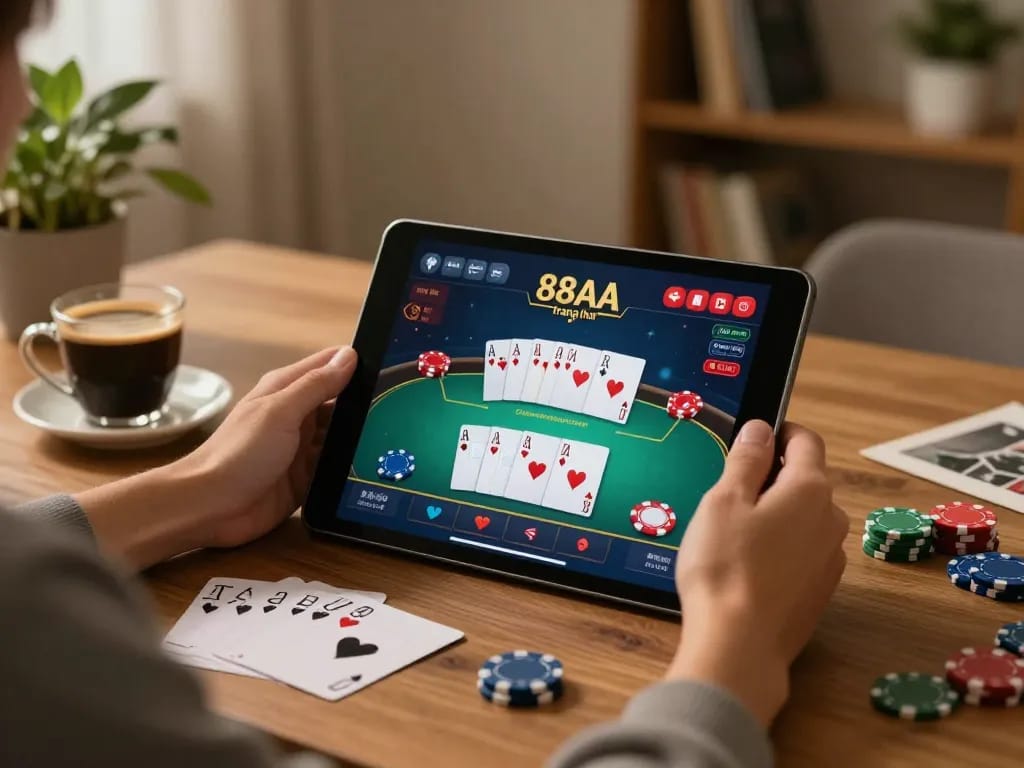 Engaged player at 88aa trang chủ using a tablet for poker, with strategy notes and warm lighting.