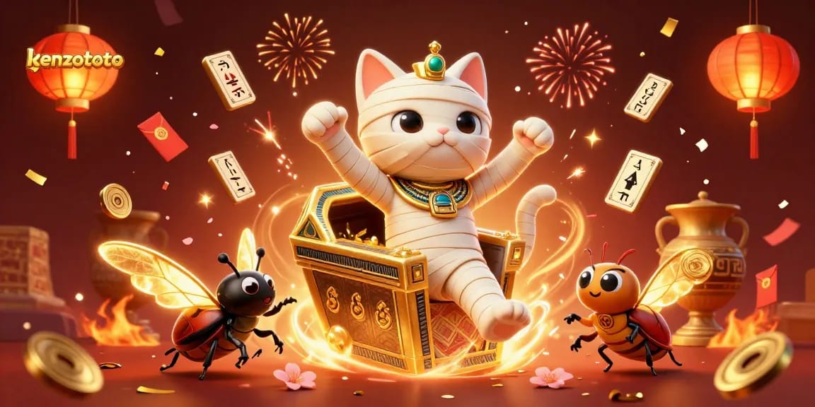 Experience the excitement of kenzototo with a captivating gaming scene featuring a mummy cat!