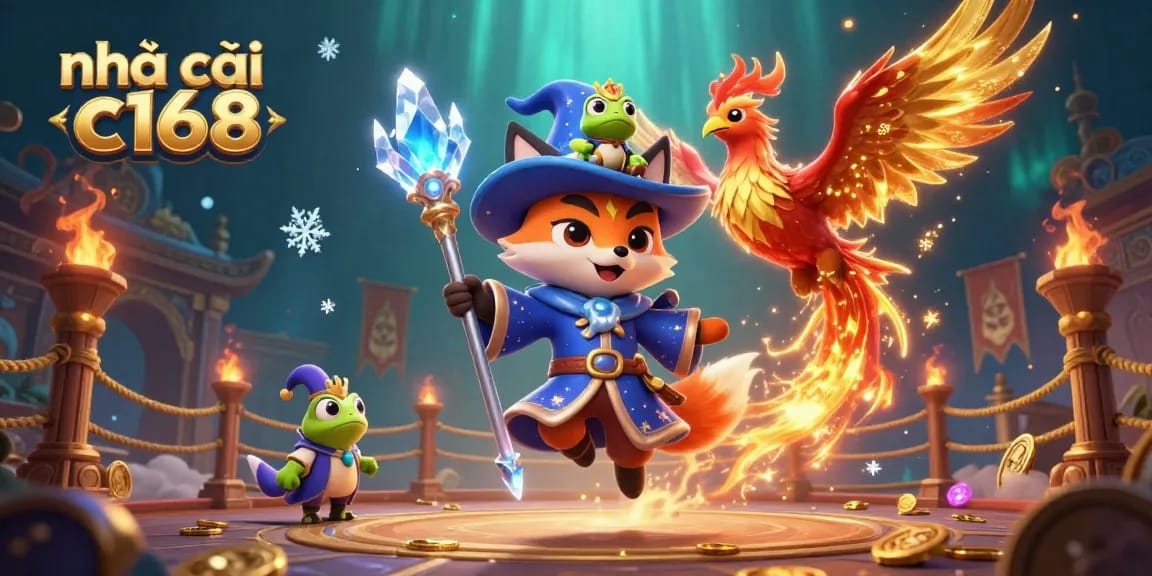 Experience the thrill at nhà cái c168 with a vibrant 3D fantasy casino scene packed with magical characters and exciting gaming elements.